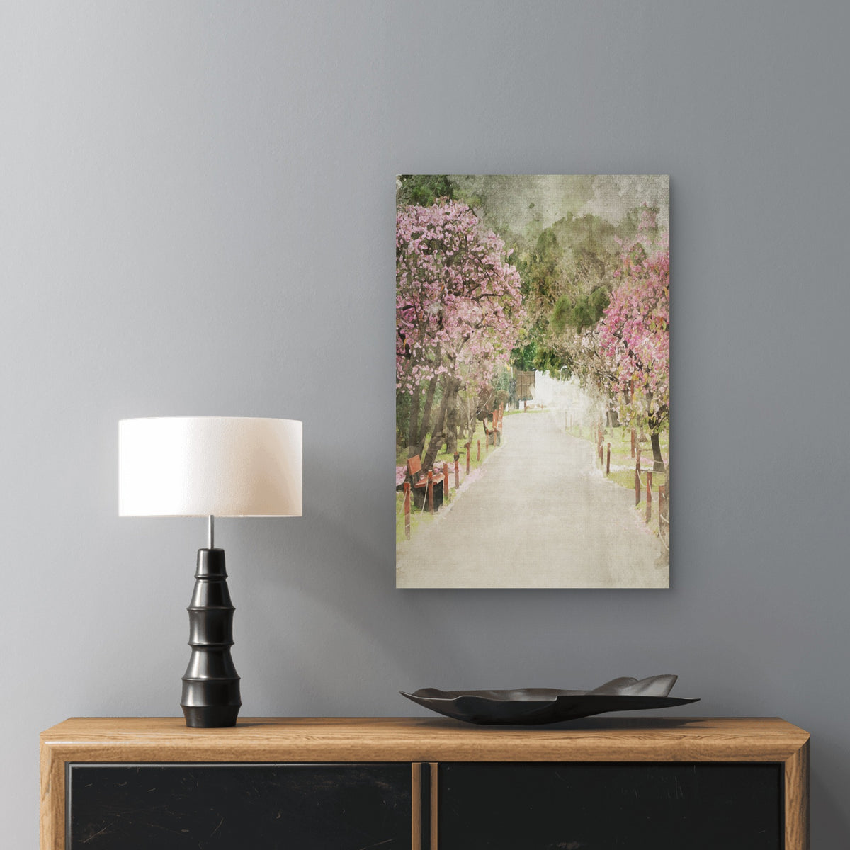 Pink Cherry Blossom Park Path 60x90cm Metal Print Ready to Hang