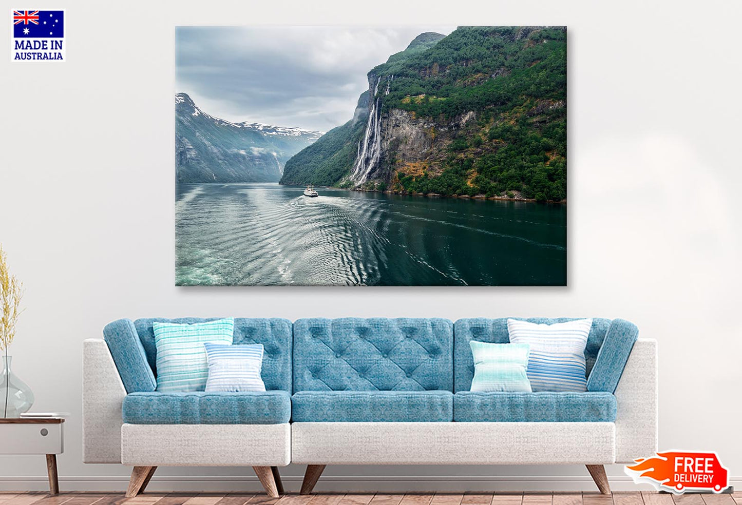 Waterfall On a Fjord Mountain Wall Art Decor 100% Australian Made