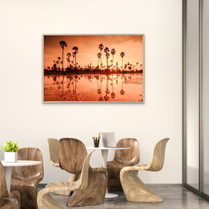 Warm Orange and Gold Sunset Silhouetting Palm Trees Reflection Wall Art Decor 100% Australian Made