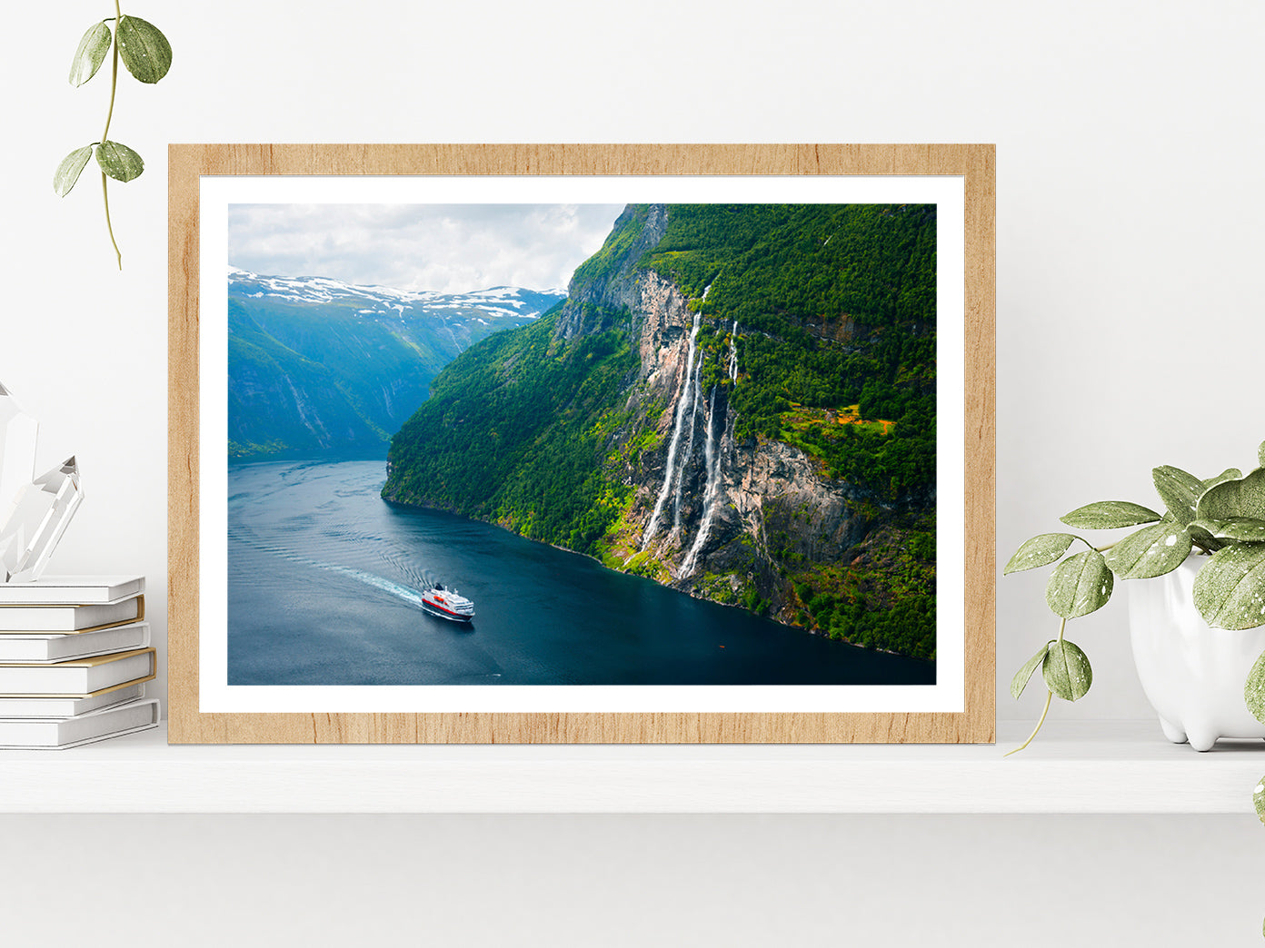 Seven Sisters Waterfall In Norway Glass Framed Wall Art, Ready to Hang Quality Print With White Border Oak