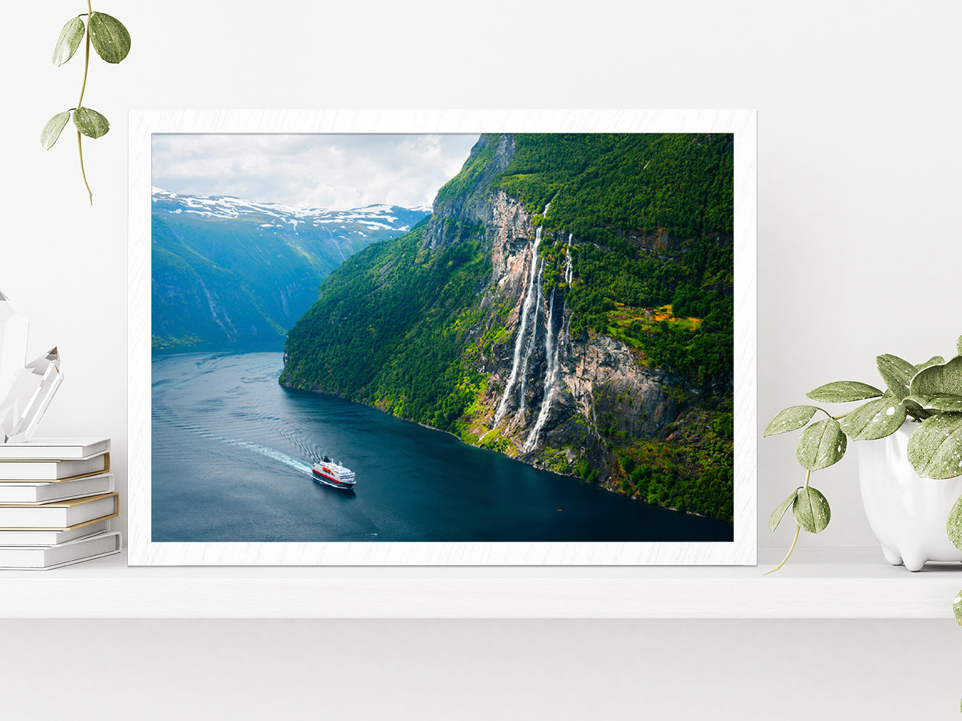 Seven Sisters Waterfall In Norway Glass Framed Wall Art, Ready to Hang Quality Print Without White Border White