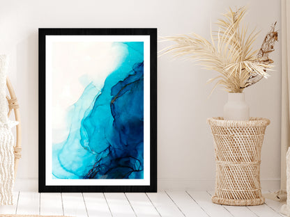 Blue & White Liquid Abstract Art Glass Framed Wall Art, Ready to Hang Quality Print With White Border Black