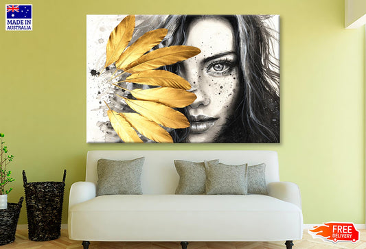 Gold Feathers Girl Wall Art Limited Edition High Quality Print