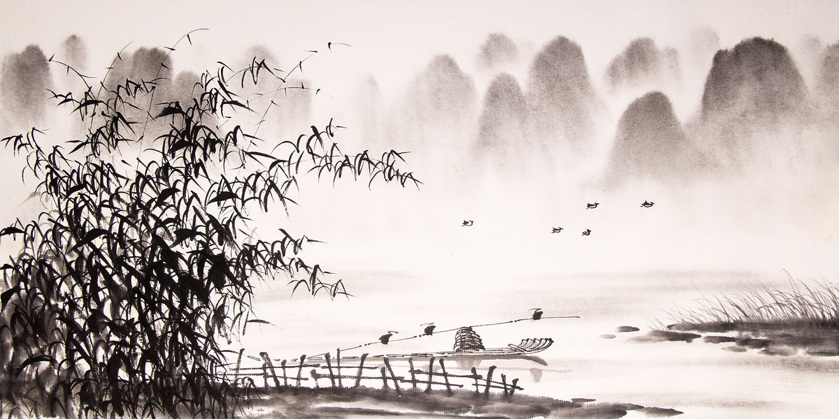 Chinese Ink Wash Bamboo Boat Landscape Painting Wall Art Canvas Office Home Framed 120x60cm