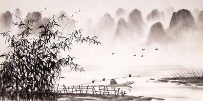 Chinese Ink Wash Bamboo Boat Landscape Painting Wall Art Canvas Office Home Framed 120x60cm
