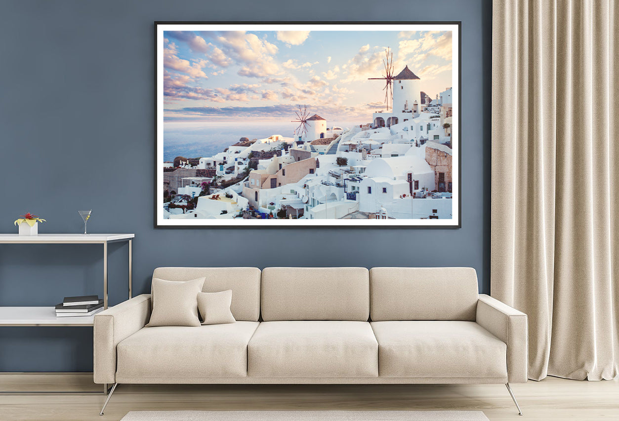 Wind Mills in Oia Town and Clouds Home Decor Premium Quality Poster Print Choose Your Sizes