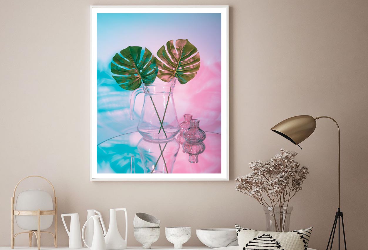 Two Green Leaves in A Clear Vase on A Table Home Decor Premium Quality Poster Print Choose Your Sizes