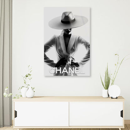 Black And White Lady with Hat 3D Design Acrylic Glass Print Tempered Glass Wall Art 100% Made in Australia Ready to Hang