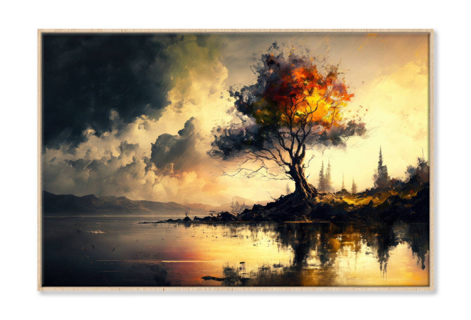 Abstract Tree near Lake Cloudy Sky Oil Painting Wall Art Limited Edition High Quality Print Canvas Box Framed Natural