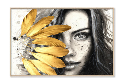 Gold Feathers Girl Wall Art Limited Edition High Quality Print Canvas Box Framed Natural