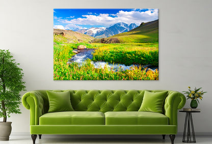 River in Meadow near Mountains  Wall Art Decor 100% Australian Made