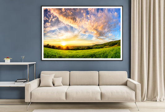 View of Colorful Sunset on a Green Meadow Home Decor Premium Quality Poster Print Choose Your Sizes