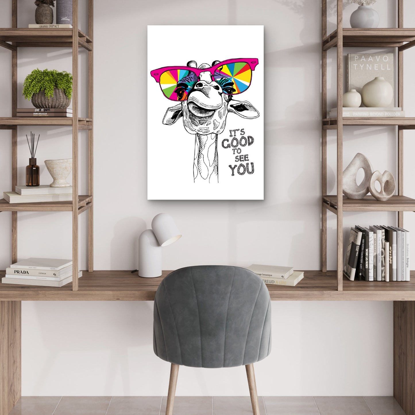 Good to See You Colorful Sunglasses Giraffe 40x60cm Metal Print Ready to Hang