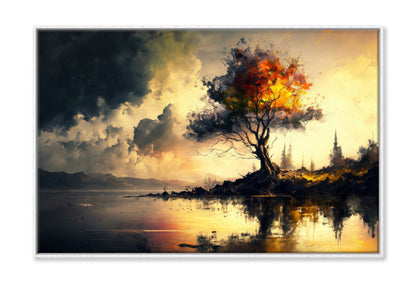 Abstract Tree near Lake Cloudy Sky Oil Painting Wall Art Limited Edition High Quality Print Canvas Box Framed White