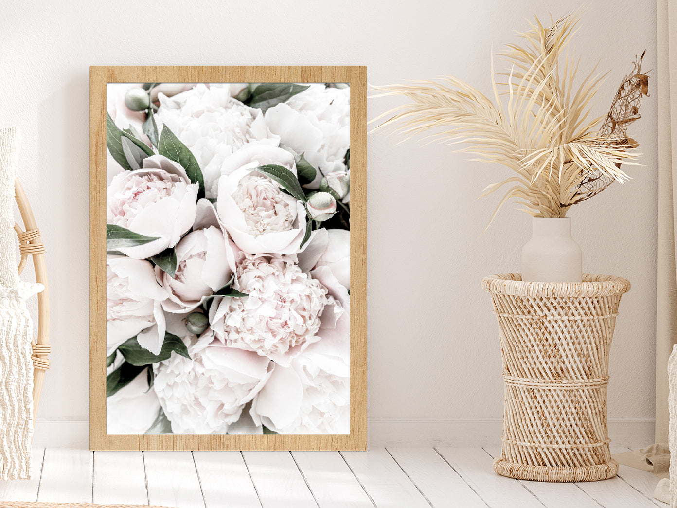 Peonies & Leaves Closeup View Photograph Glass Framed Wall Art, Ready to Hang Quality Print Without White Border Oak