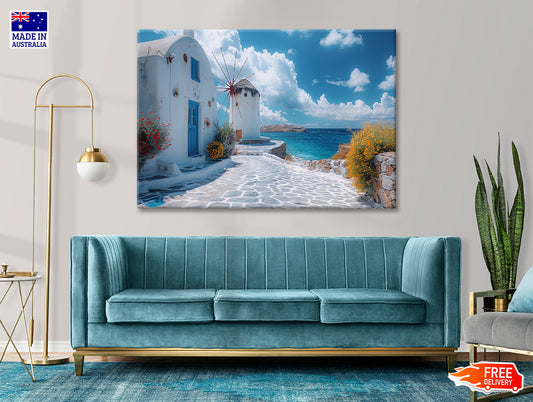 White Building, White Tower in Greece Print 100% Australian Made