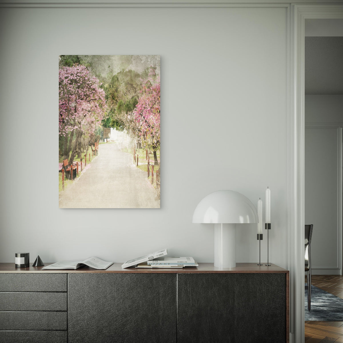 Pink Cherry Blossom Park Path 40x60cm Metal Print Ready to Hang
