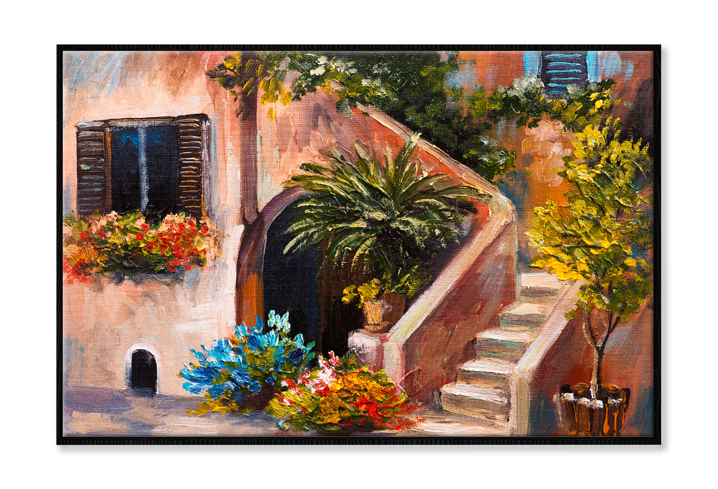 Summer Terrace, Flowers In A Garden, House In Greece Oil Painting Wall Art Limited Edition High Quality Print Canvas Box Framed Black