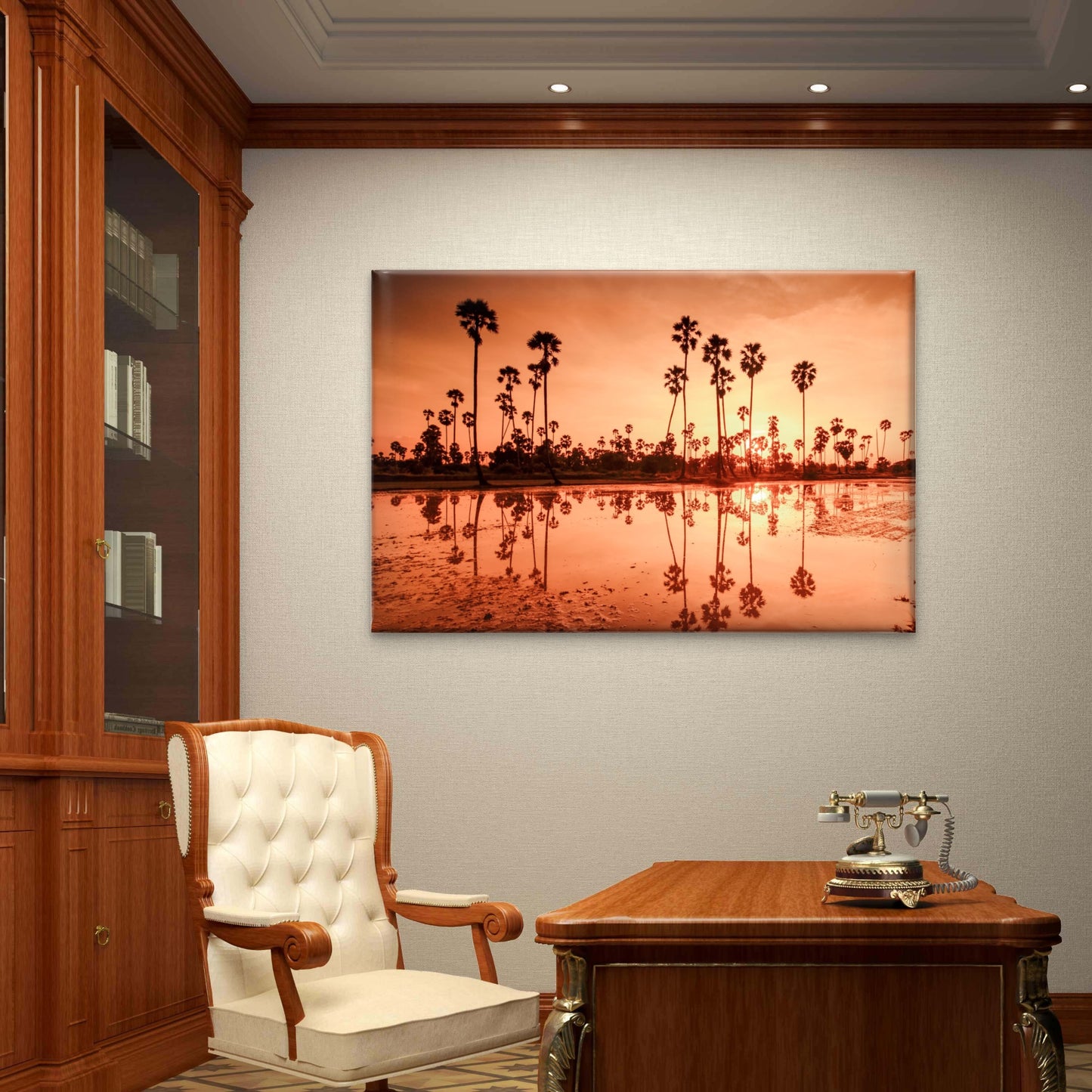 Warm Orange and Gold Sunset Silhouetting Palm Trees Reflection Wall Art Decor 100% Australian Made