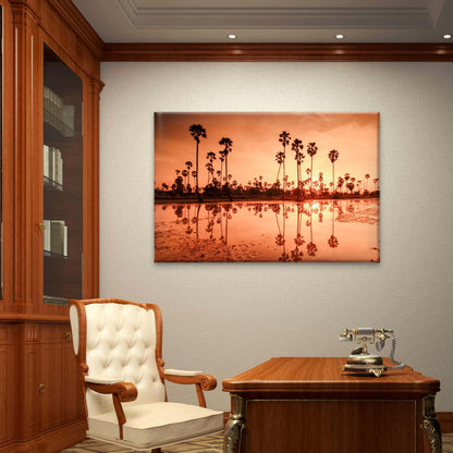 Warm Orange and Gold Sunset Silhouetting Palm Trees Reflection Wall Art Decor 100% Australian Made