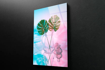 Two Green Leaves in A Clear Vase on A Table Portrait Photograph Acrylic Glass Print Tempered Glass Wall Art 100% Made in Australia Ready to Hang