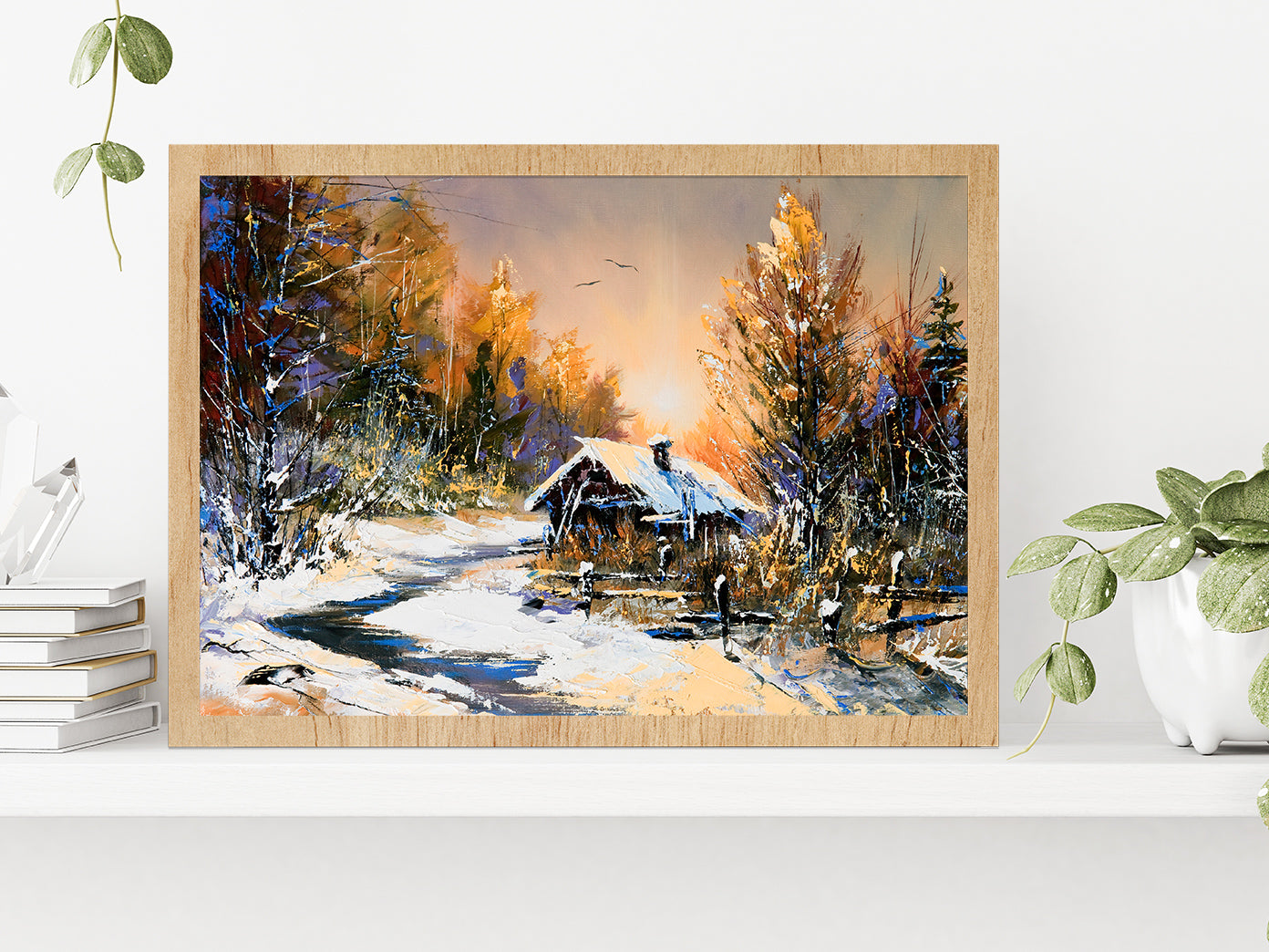 Rural Winter Landscape Autumn Painting Glass Framed Wall Art, Ready to Hang Quality Print Without White Border Oak