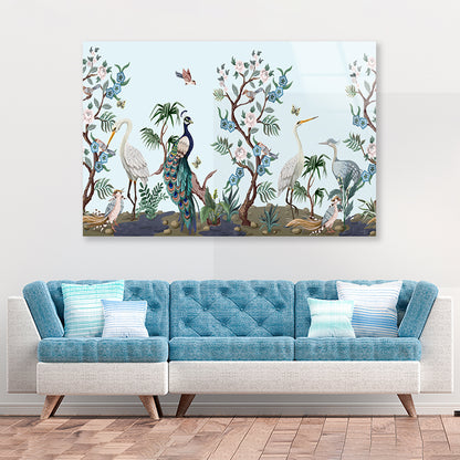 Peacock and Peonies Style Acrylic Glass Print Tempered Glass Wall Art 100% Made in Australia Ready to Hang