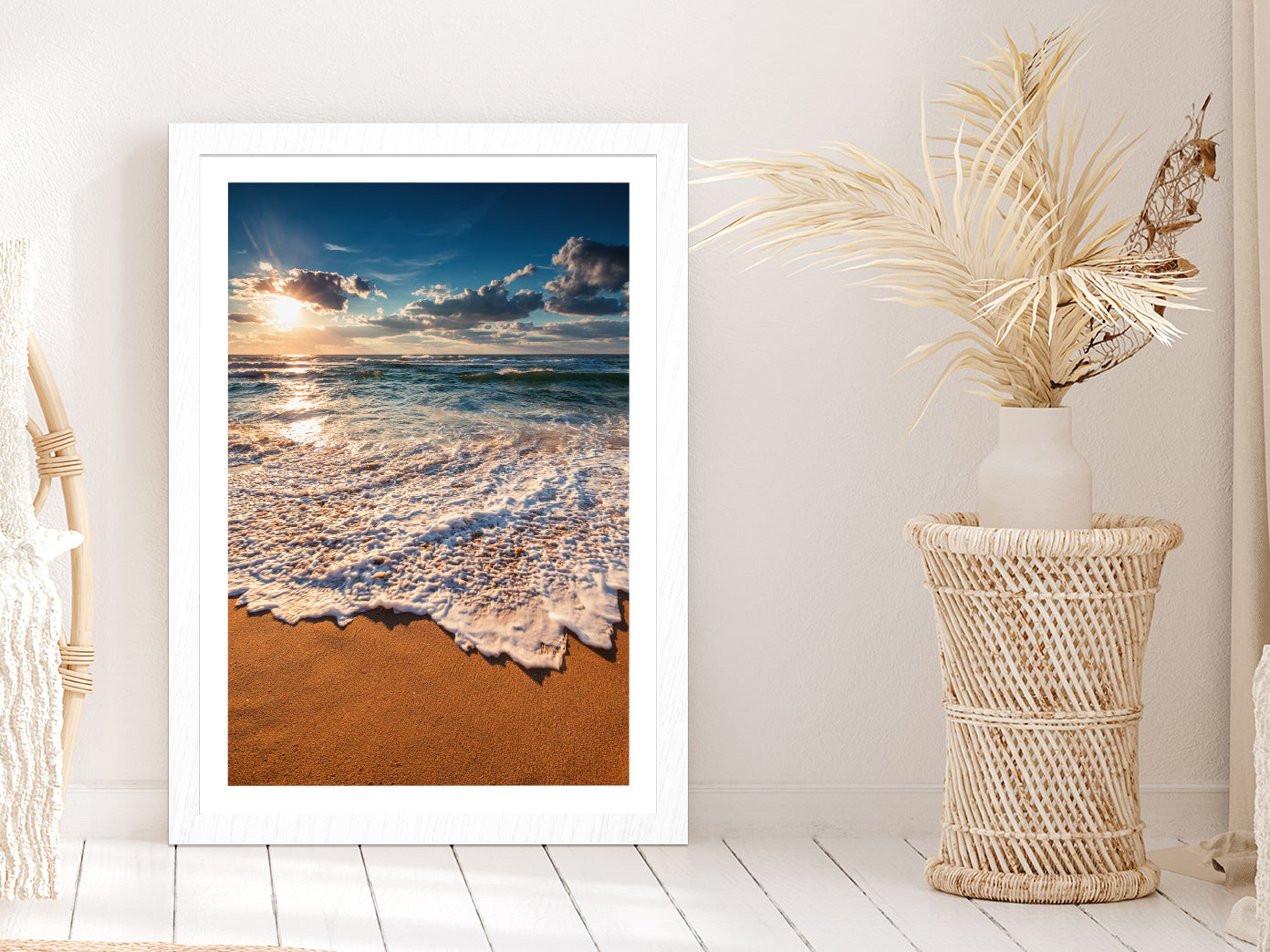 Cloudscape Over the Sea Sunrise View Photograph Glass Framed Wall Art, Ready to Hang Quality Print With White Border White