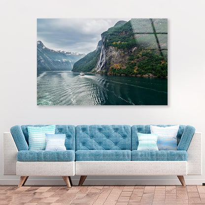 Waterfall On a Fjord Acrylic Glass Print Tempered Glass Wall Art 100% Made in Australia Ready to Hang