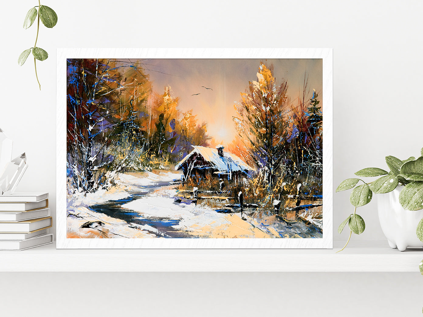 Rural Winter Landscape Autumn Painting Glass Framed Wall Art, Ready to Hang Quality Print Without White Border White