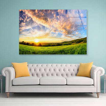 View of Colorful Sunset on a Green Meadow Acrylic Glass Print Tempered Glass Wall Art 100% Made in Australia Ready to Hang