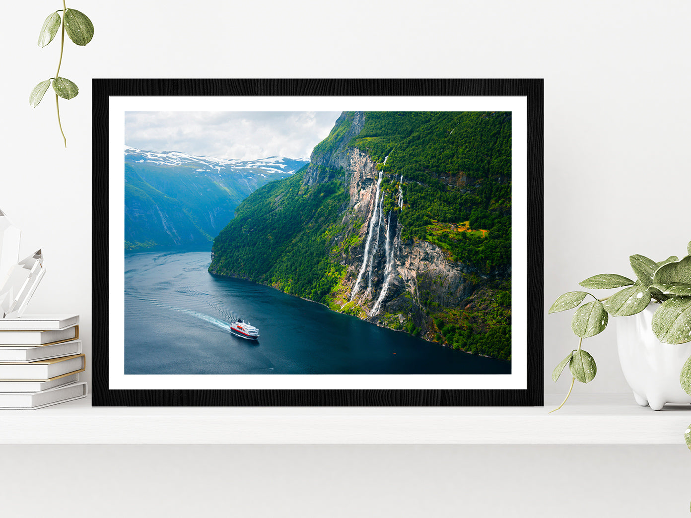 Seven Sisters Waterfall In Norway Glass Framed Wall Art, Ready to Hang Quality Print With White Border Black