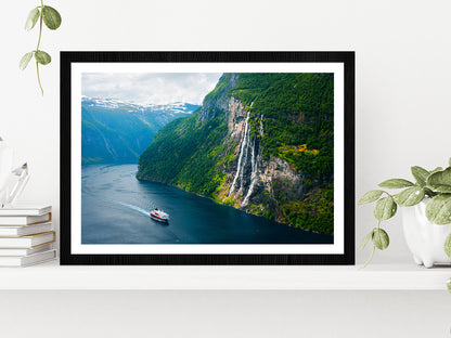 Seven Sisters Waterfall In Norway Glass Framed Wall Art, Ready to Hang Quality Print With White Border Black