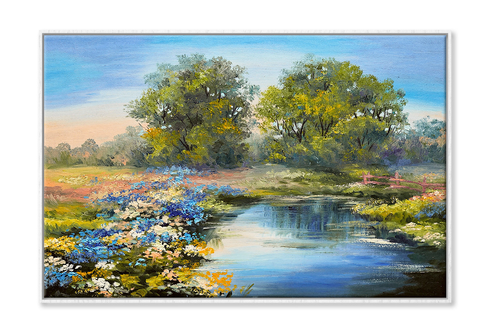 River in the Forest & Colorful Field Oil Painting Wall Art Limited Edition High Quality Print Canvas Box Framed White