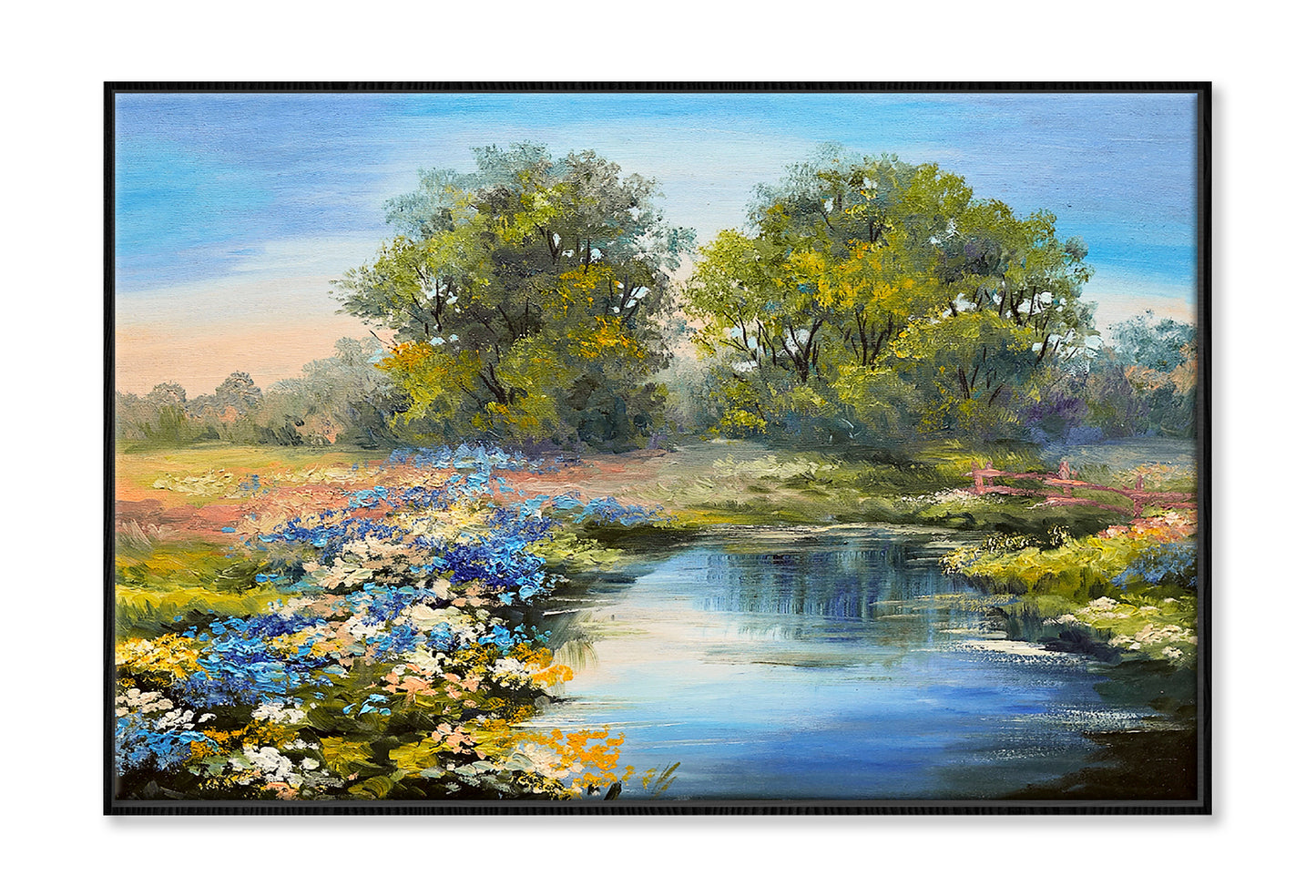 River in the Forest & Colorful Field Oil Painting Wall Art Limited Edition High Quality Print Canvas Box Framed Black