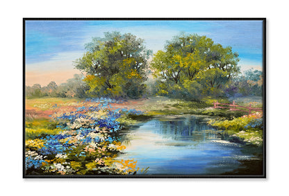 River in the Forest & Colorful Field Oil Painting Wall Art Limited Edition High Quality Print Canvas Box Framed Black