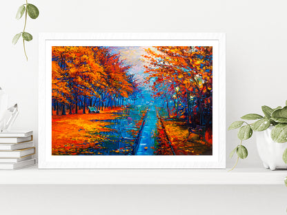 Autumn Landscape With Forest Road Glass Framed Wall Art, Ready to Hang Quality Print With White Border White