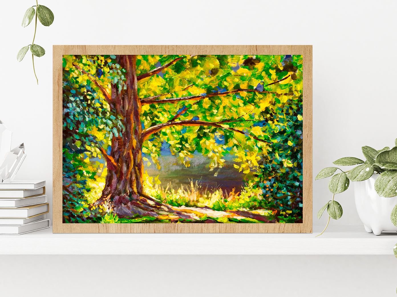 A Large Tree Lit By Sun & Sunny Forest Glass Framed Wall Art, Ready to Hang Quality Print Without White Border Oak