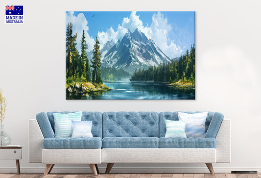 Cloudy Sky Mountain Lake Forest Wall Art Decor 100% Australian Made