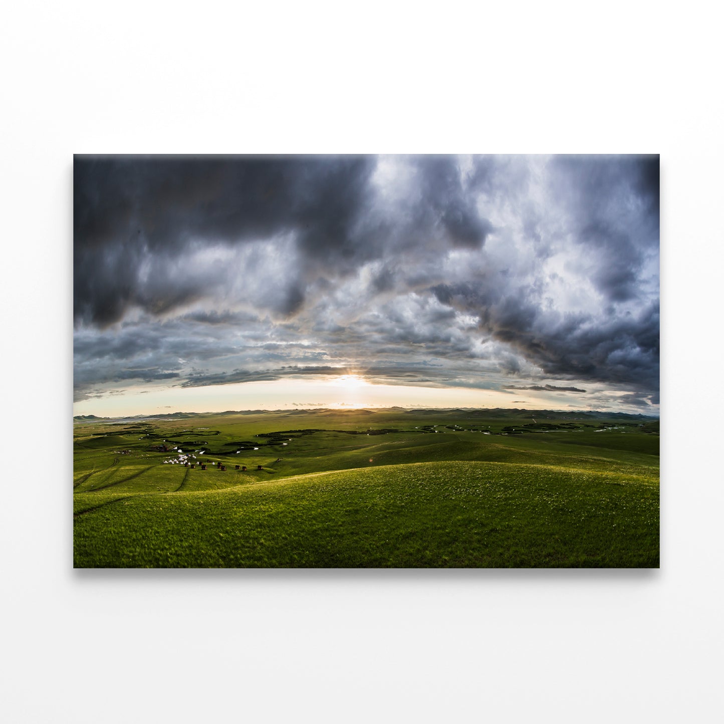 A Large Green Grassland with Clouds in the Sky Print 100% Australian Made