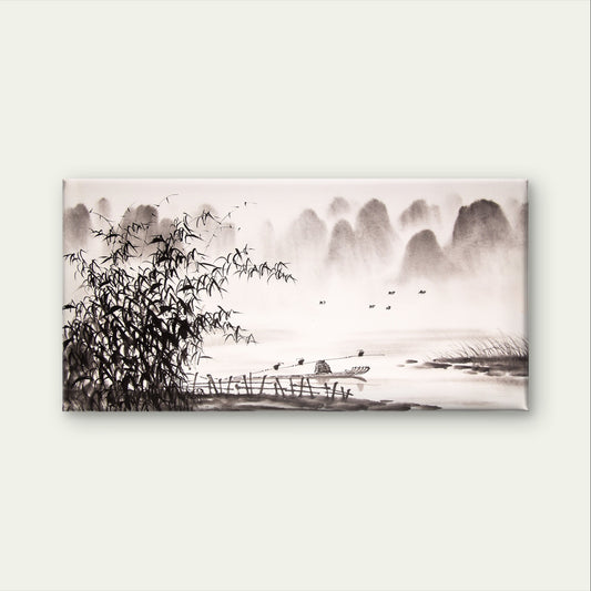 Chinese Ink Wash Bamboo Boat Landscape Painting Wall Art Canvas Office Home Framed 120x60cm