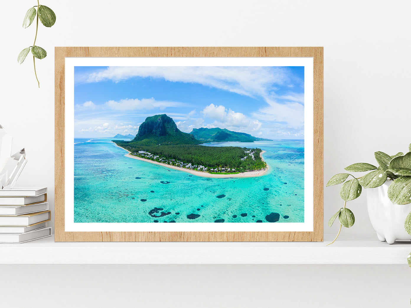 Le Morne Brabant Mountain Island Glass Framed Wall Art, Ready to Hang Quality Print With White Border Oak