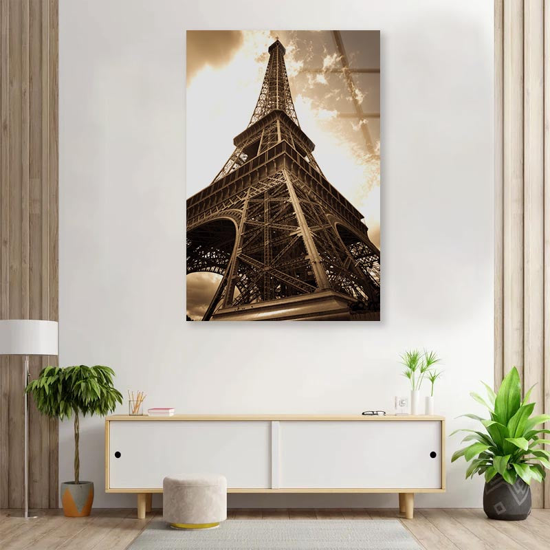 Vintage Eiffel Tower And Sky Portrait Photograph Acrylic Glass Print Tempered Glass Wall Art 100% Made in Australia Ready to Hang