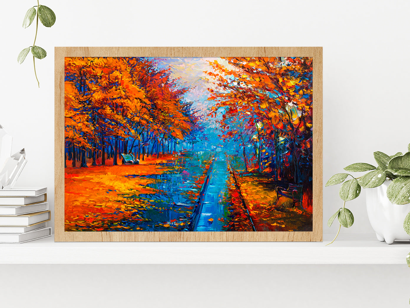 Autumn Landscape With Forest Road Glass Framed Wall Art, Ready to Hang Quality Print Without White Border Oak