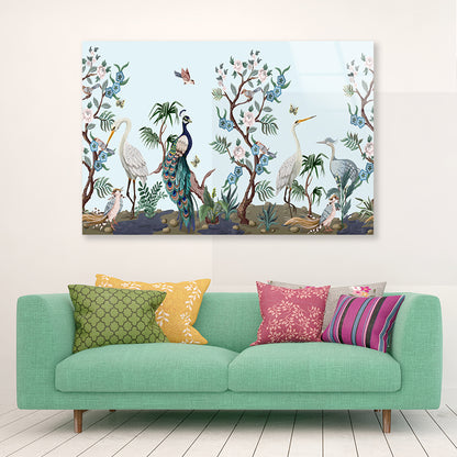 Peacock and Peonies Style Acrylic Glass Print Tempered Glass Wall Art 100% Made in Australia Ready to Hang