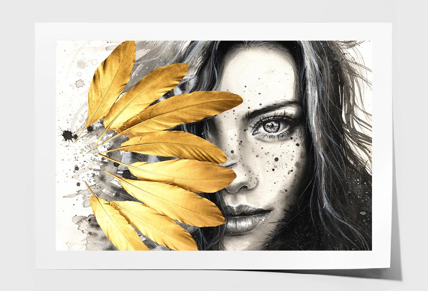 Gold Feathers Girl Wall Art Limited Edition High Quality Print Unframed Roll Canvas None