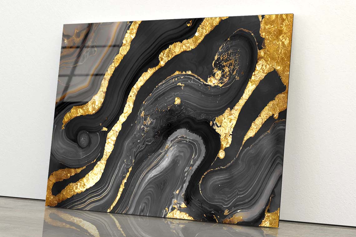 Black Fluid Marble Abstract Acrylic Glass Print Tempered Glass Wall Art 100% Made in Australia Ready to Hang