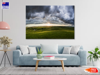 A Large Green Grassland with Clouds in the Sky Print 100% Australian Made