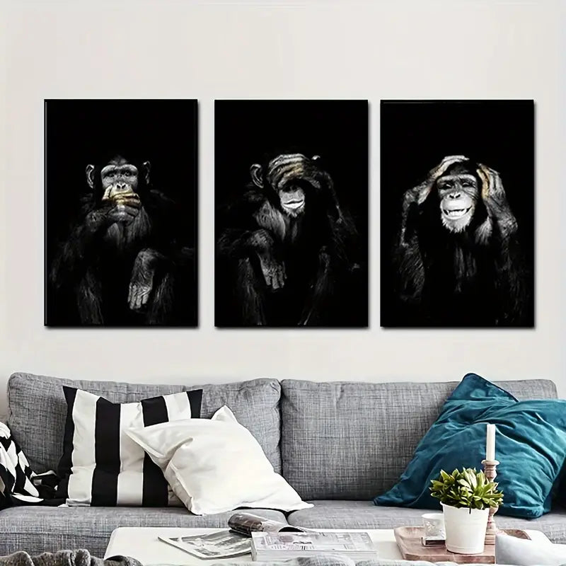 3pcs Black And White Monkey Art Painting Metal Print Ready to Hang Art