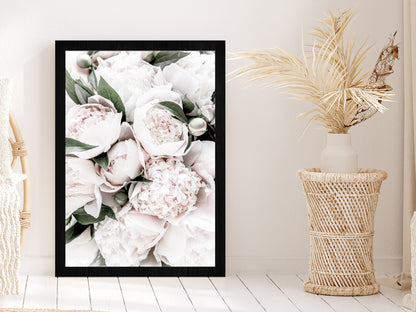 Peonies & Leaves Closeup View Photograph Glass Framed Wall Art, Ready to Hang Quality Print Without White Border Black